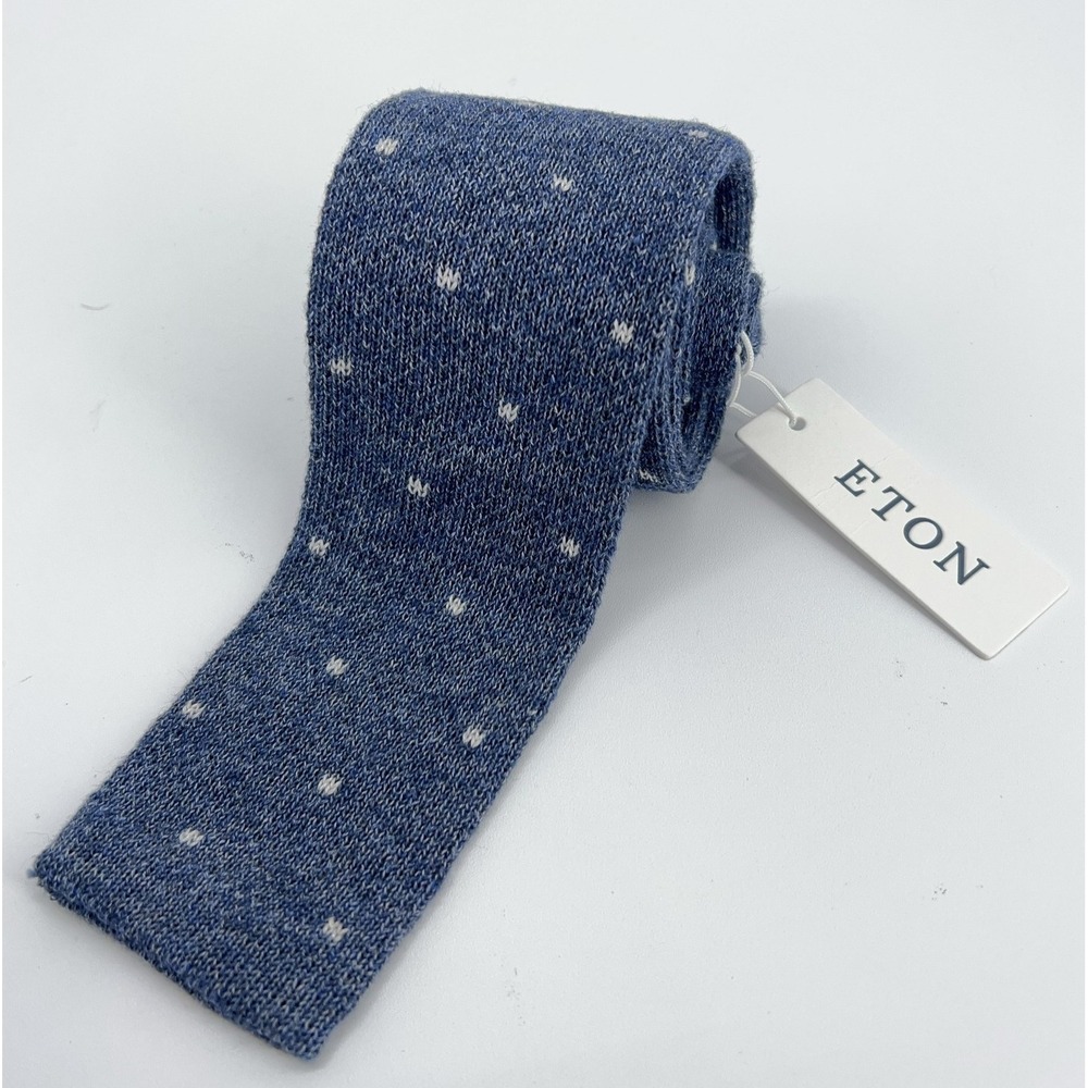 Eton Tie Mens One Size Blue White Knitted Cotton Polka Dot Slim Necktie NWT‎